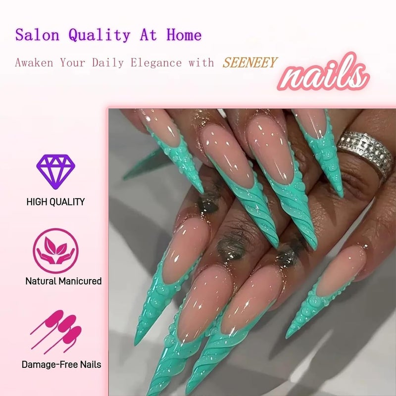 SEENEEY Stiletto Press on Nails Long Fake Nails Green Extra Long Glossy Acrylic Nail Press on French Tip Artificial with 3D Water Droplets Designs Stick on Nail for Women 24pcs - Image 4